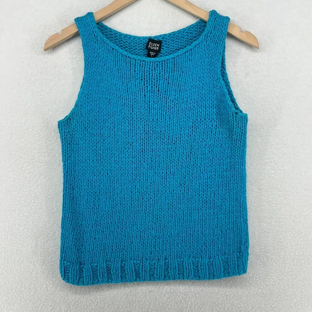 EILEEN FISHER Sweater L Cotton Vest Tank Chunky Rolled Neck Pullover Blue